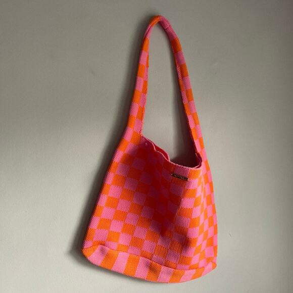Kopari Handbags - Kopari Knit Mini Tote Pink Orange 11" tall x 13.5" wide Retro Funky Checkered